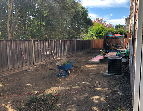 Preparing the backyard for by chipping out old grass clumps