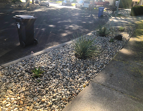 Rock install in a parking strip with a small succulent garden